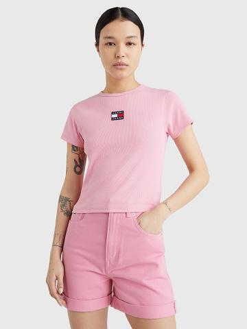 Camiseta Tommy Hilfiger Cropped Ribbed Badge Mujer Rosas | CL_W21438